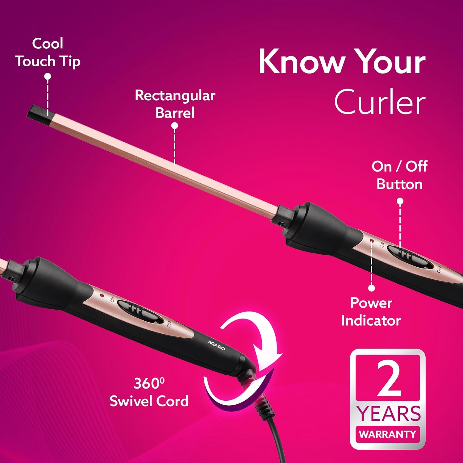 AGARO Hair Curler With 7 MM Barrel, Rod, Tong, Chopstick Rectangular Hair Curler, Ceramic Coated Plates