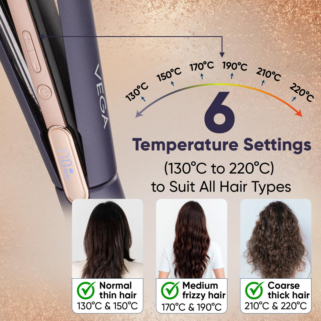 Vega Ionic 3 in 1 Hair Styler for Women with Digital Display 6 Temperature Settings (130–220°C), Hair Straightener, Curler & Crimper with Ionic...