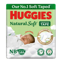 Huggies Natural Soft Premium Tape Diapers Newborn/Extra Small (NB/XS) Size, Upto 5 kgs, 64 Count | Our No.1 Soft Taped Diaper with Cloud Soft Bed, designed...