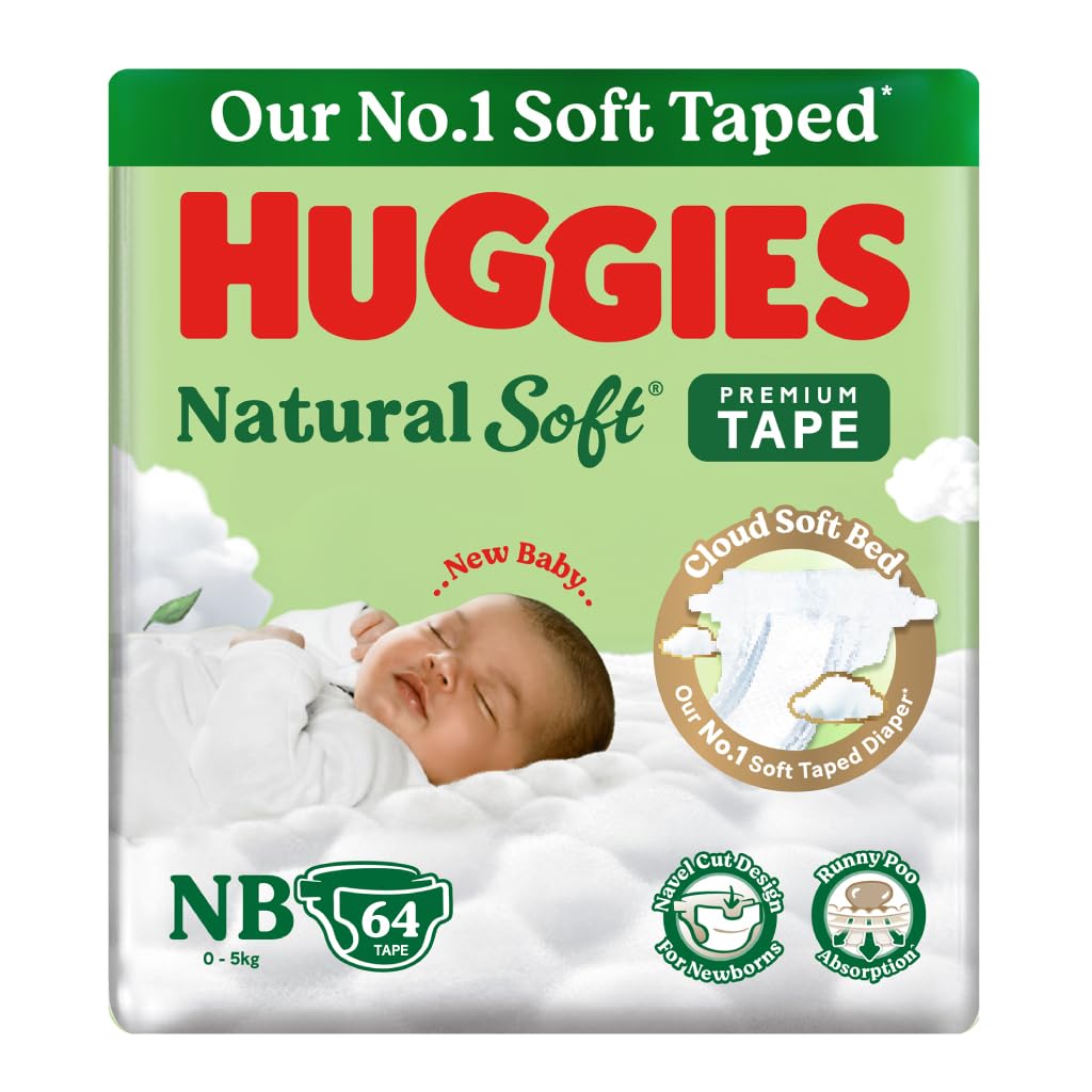 Huggies Natural Soft Premium Tape Diapers Newborn/Extra Small (NB/XS) Size, Upto 5 kgs, 64 Count | Our No.1 Soft Taped Diaper with Cloud Soft Bed, designed...