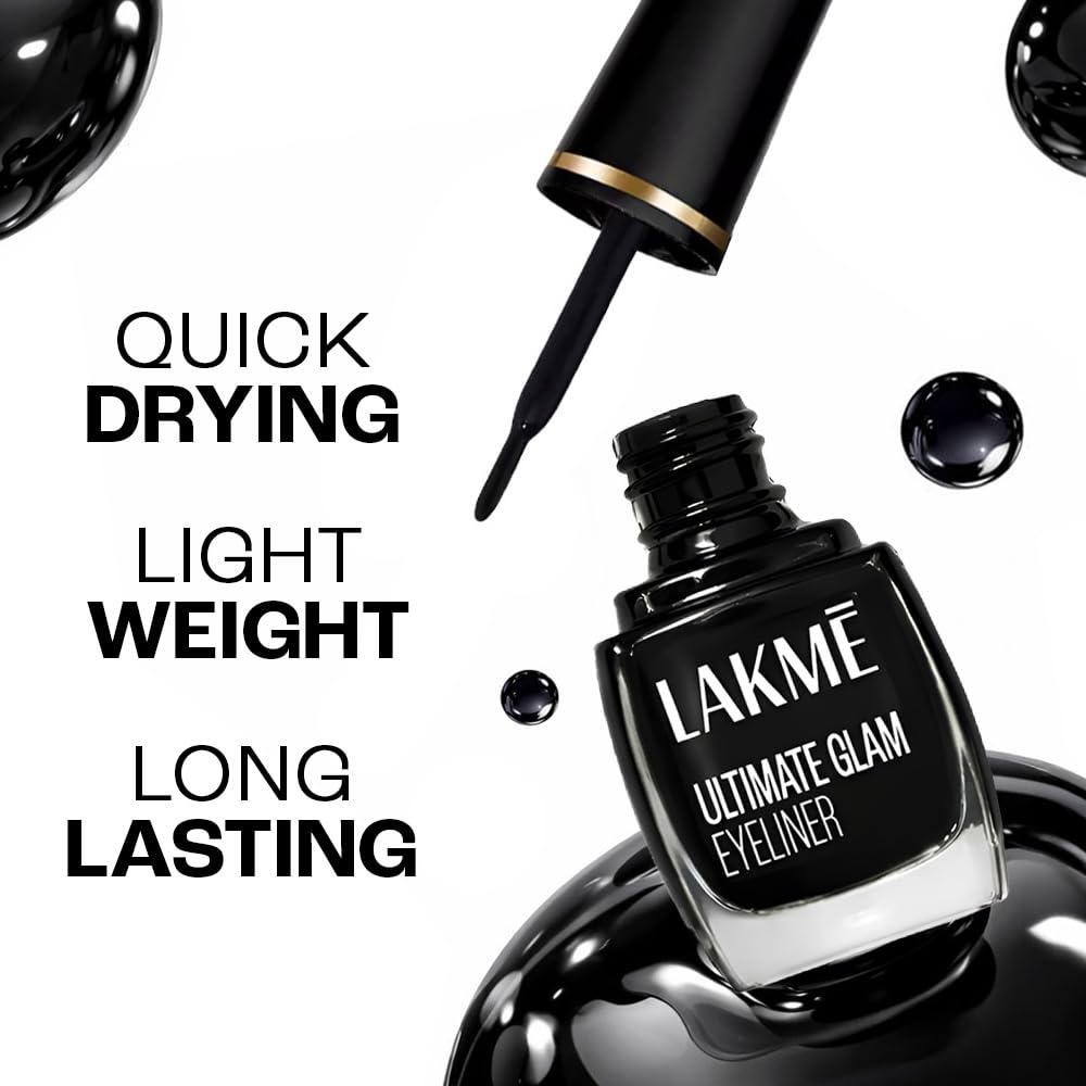Lakme Ultimate Glam Eye Liner, Semi Matte, Quick drying, Water resistant & Smudgeproof Eye Liner, Black, 9ml