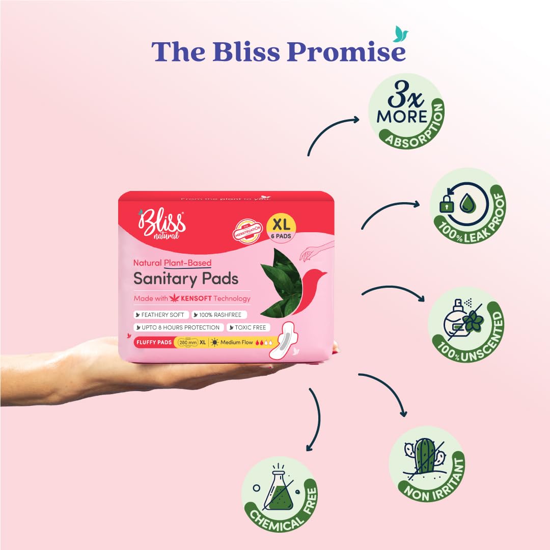 BLISSNATURAL Ultra Soft Sanitary Pads for Women XL | 12 Pads (2 Pack of 6) |