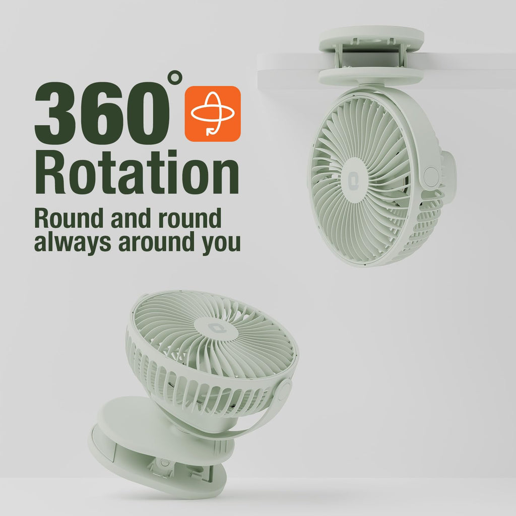 Orient Electric Orbis Rechargeable Personal Fan | 360° Rotation | 1800 mAh Battery | 4 Speed Modes with Timer | Quiet Operation | USB Type-C Charging | Clip-On Mini Fan | Matcha Green