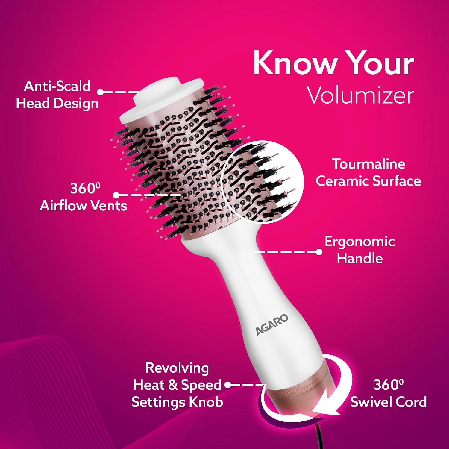 AGARO Hot Air Brush for Hair, Blow Dryer Brush, Volumizer & Styler, 360° Airflow Vent, Oval Barrel for Hair Volume, Charcoal Bristles, Ceramic...