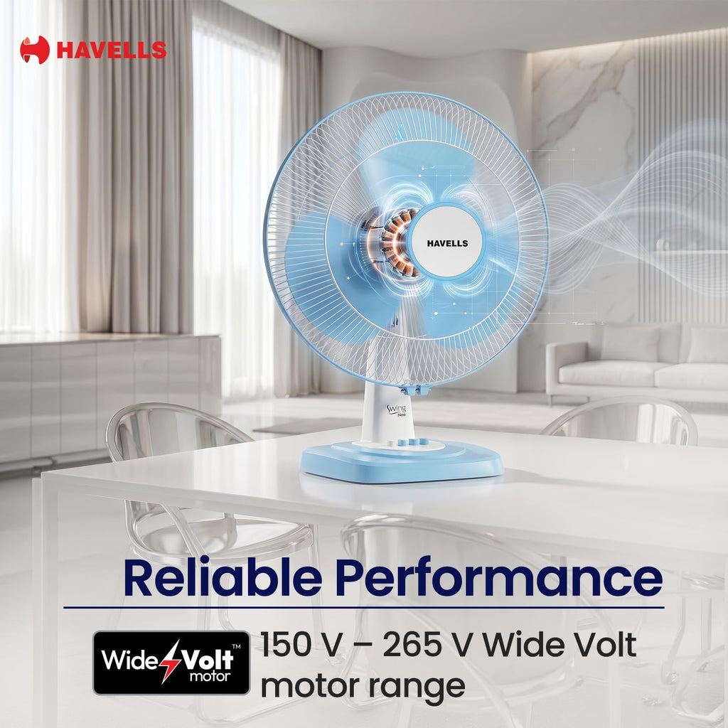 Havells SWING NEO NS TABLE FAN 400 MM| Smooth Air Flow & Jerk- Free oscillation | 100% Copper Motor | 3 Speed Regulation| Air Speed: 1350 RPM| Tilting Fan Head Mechanism (Icy Blue)