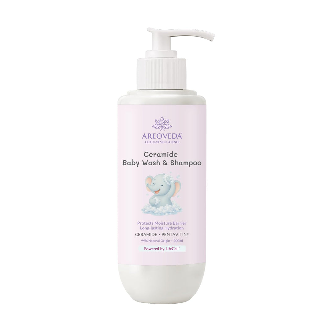 AreoVeda Ceramide Baby Wash & Shampoo (200ml) | PENTAVITIN® And Inulin Prebiotic | Ceramide Care + Long Lasting Hydration | Safe For Newborns