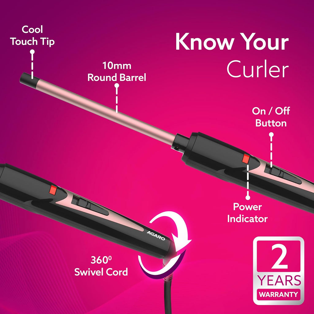 AGARO Round Chopstick Curler, With 9 MM Barrel, Rod, Tong, Chopstick Round Hair Curler, Ceramic Coated Plates, Cool Touch Tip