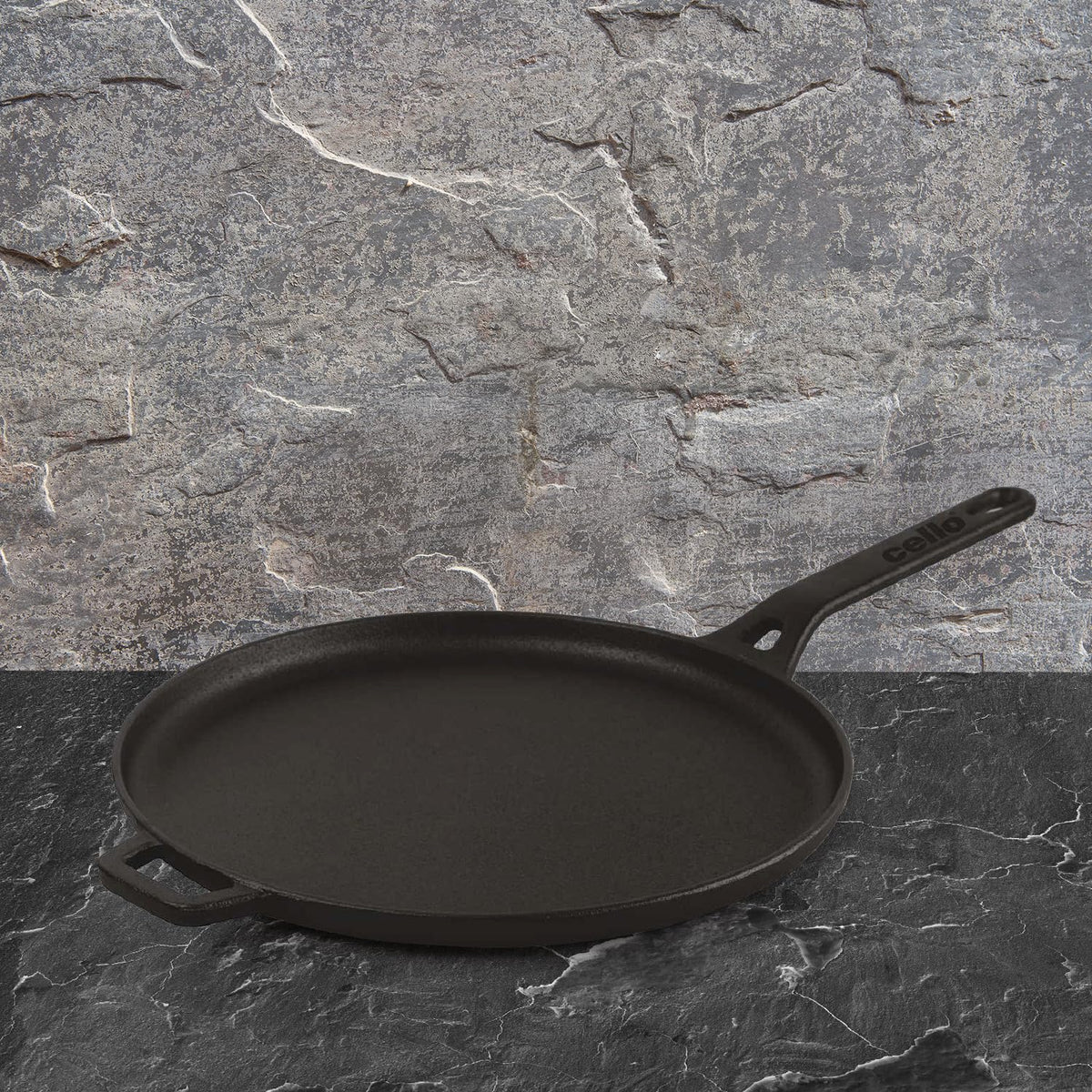 Cello Ironica Pre-Seasoned Cast Iron Dosa Tawa with Handle 28 CM, Black |