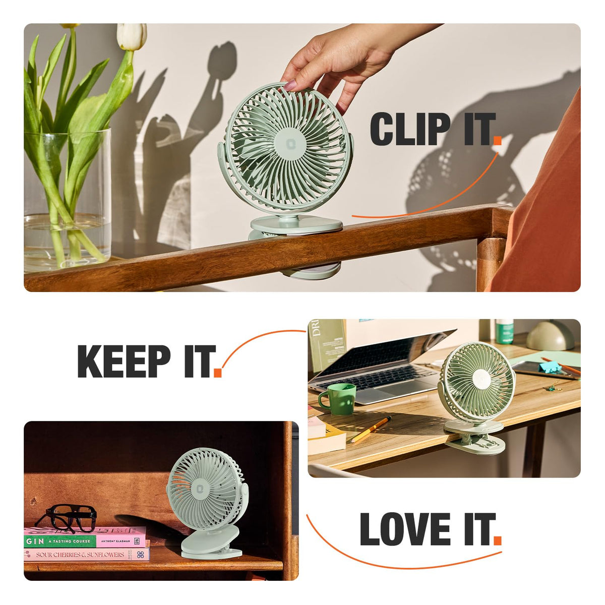 Orient Electric Orbis Rechargeable Personal Fan | 360° Rotation | 1800 mAh Battery | 4 Speed Modes with Timer | Quiet Operation | USB Type-C Charging | Clip-On Mini Fan | Matcha Green