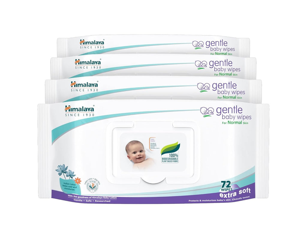 Himalaya Gentle Baby Wipes with Lid (72 x4 packs -288 Wipe) |100% Biodegradable Plant-based fabric | Indian Lotus & Aloe Vera | Skin Friendly PH| Extra Soft