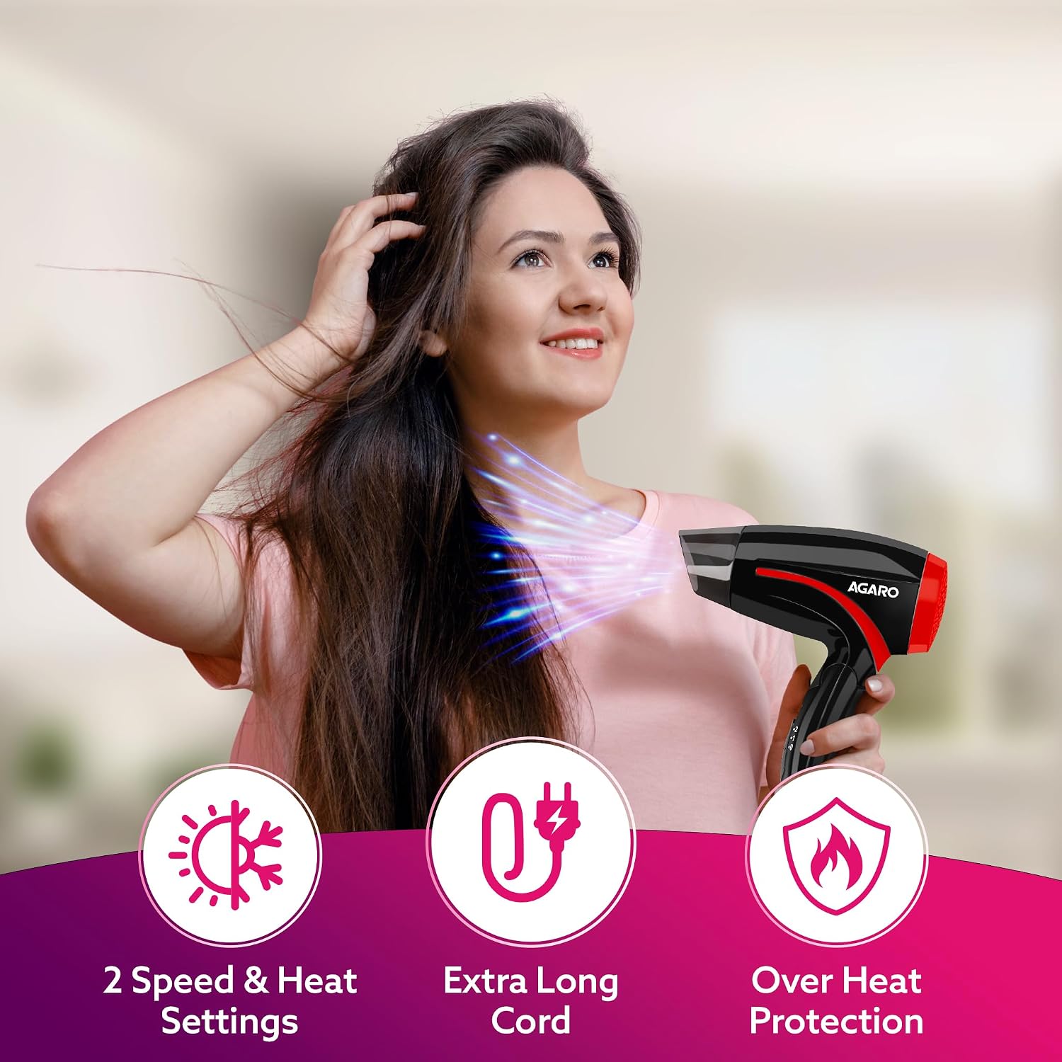 AGARO Hair Dryer with 1000 Watts Copper Motor, 2 Speed & Temperature Settings,Foldable Handle, For both Men & Women, Black & Red HD1177