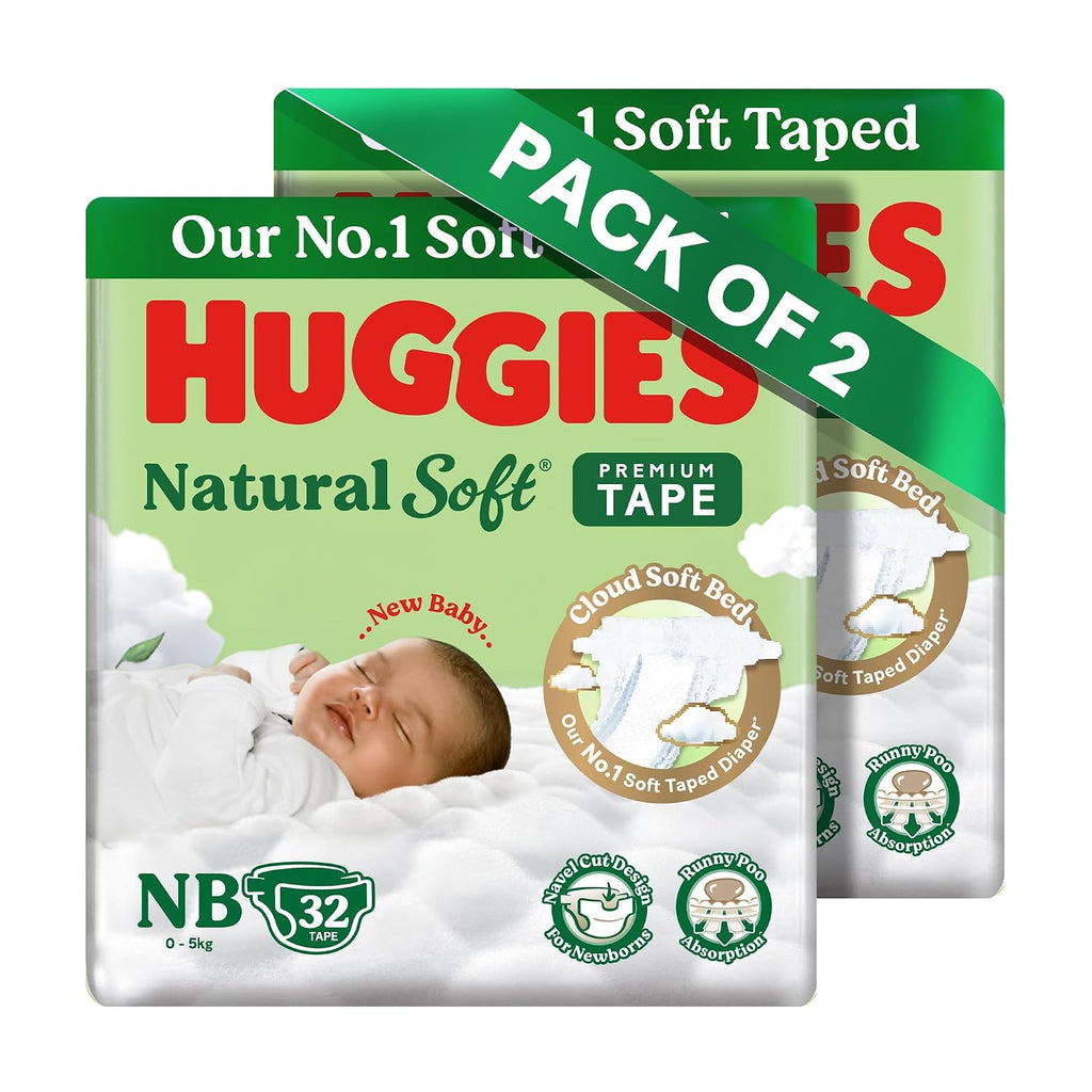 Huggies Natural Soft Premium Tape Diapers Newborn/Extra Small (NB/XS) Size, Upto 5 kgs, 64 Count | Our No.1 Soft Taped Diaper with Cloud Soft Bed, designed for Newborns with Runny Poo Absorption