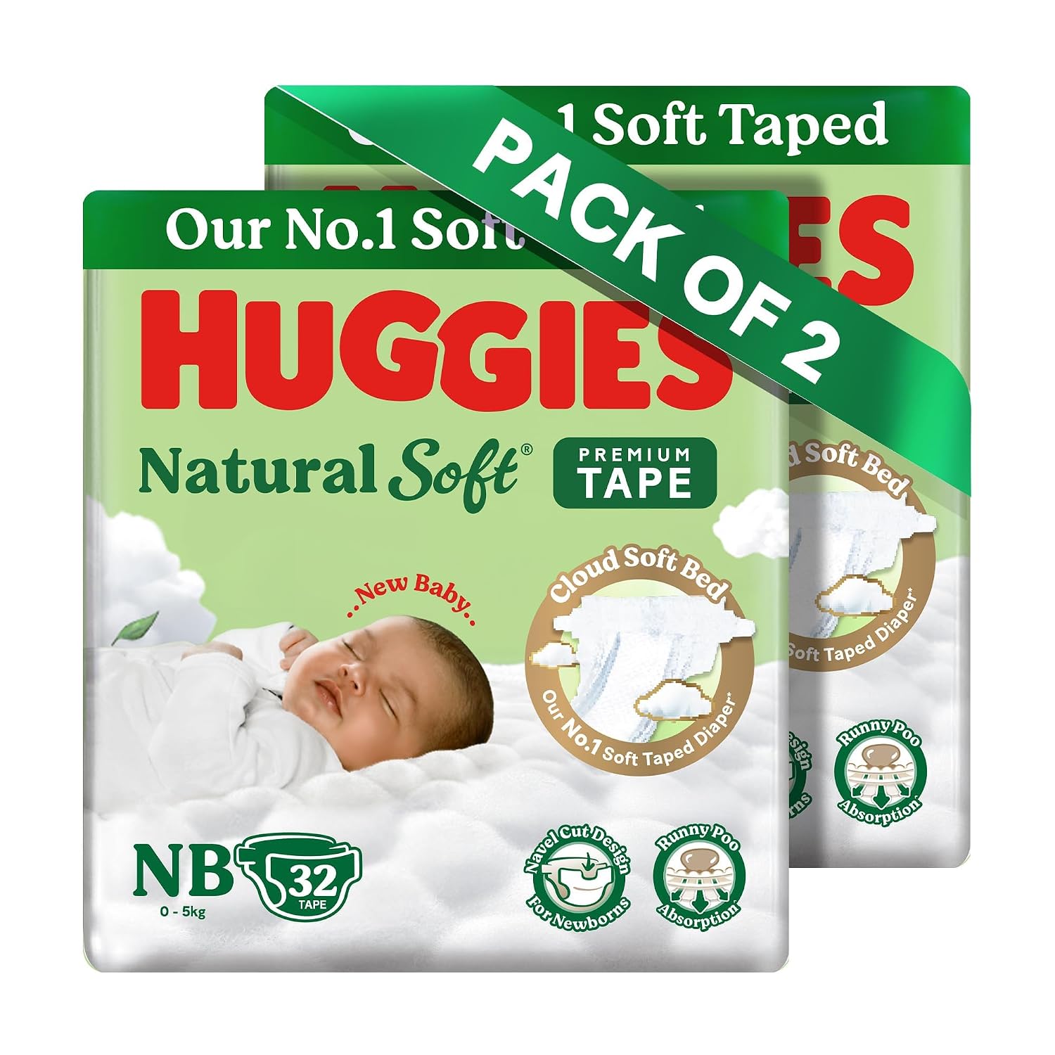 Huggies Natural Soft Premium Tape Diapers Newborn/Extra Small (NB/XS) Size, Upto 5 kgs, 64 Count | Our No.1 Soft Taped Diaper with Cloud Soft Bed, designed...