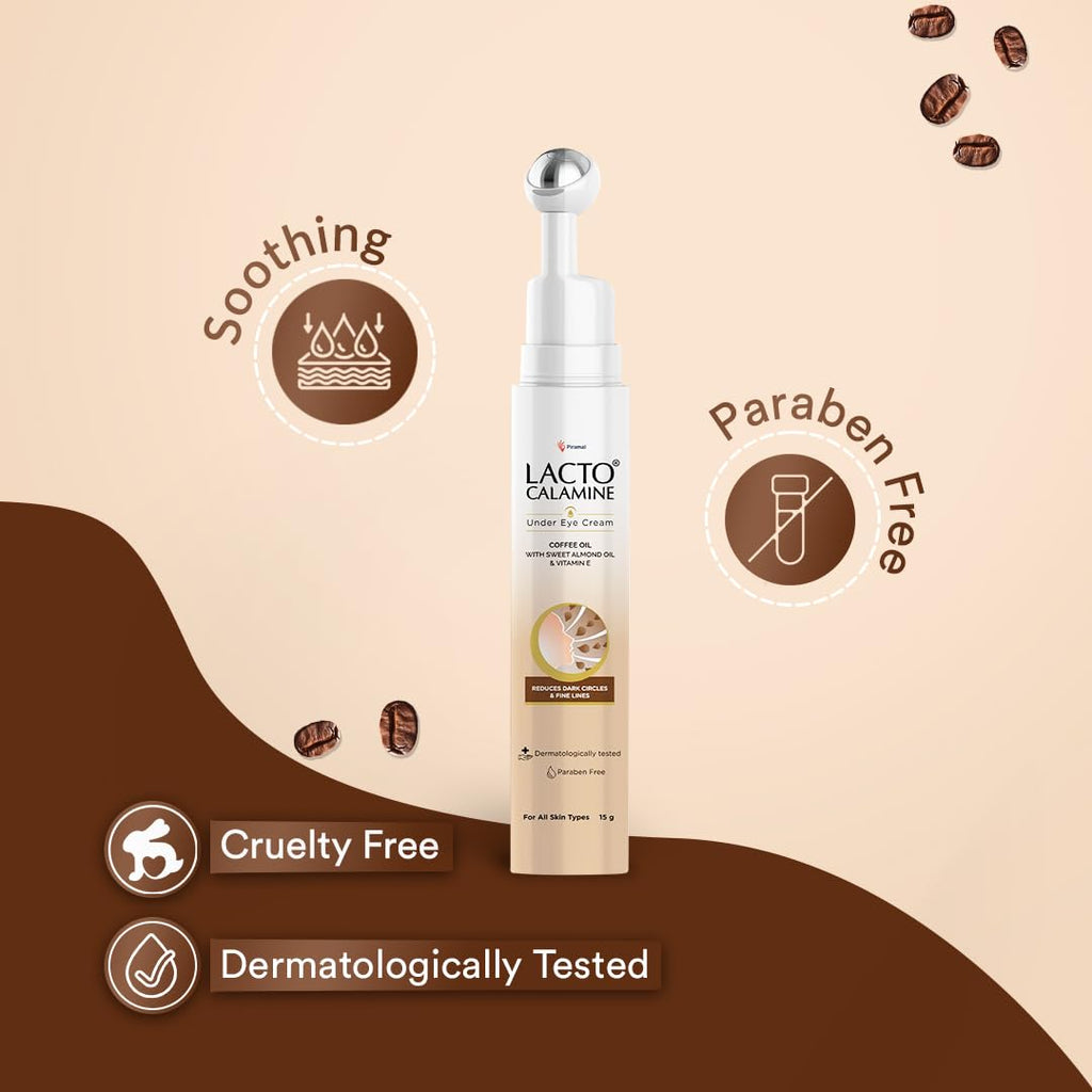 Lacto Calamine Under Eye Cream For Dark Circles for Women & Men | Fine Lines & Puffy Eyes With Cooling Massage Roller | 15g | With Coffee Oil,...