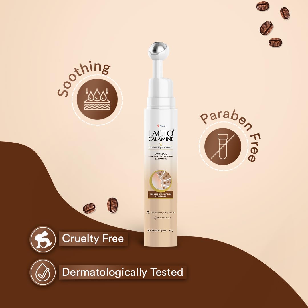 Lacto Calamine Under Eye Cream For Dark Circles for Women & Men | Fine Lines & Puffy Eyes With Cooling Massage Roller | 15g | With Coffee Oil,...