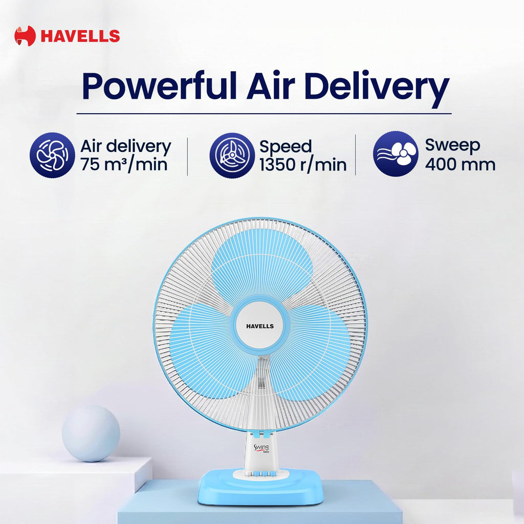 Havells SWING NEO NS TABLE FAN 400 MM| Smooth Air Flow & Jerk- Free oscillation | 100% Copper Motor | 3 Speed Regulation| Air Speed: 1350 RPM| Tilting Fan Head Mechanism (Icy Blue)