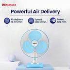 Havells SWING NEO NS TABLE FAN 400 MM| Smooth Air Flow & Jerk- Free oscillation | 100% Copper Motor | 3 Speed Regulation| Air Speed: 1350 RPM| Tilting Fan Head Mechanism (Icy Blue)