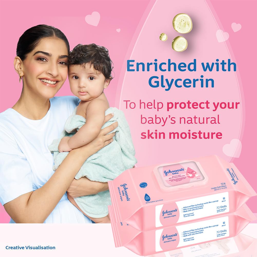 Johnson's Baby Wet Wipes | 72 Wipes | Alcohol & Soap Free | Prevents Rashes & Redness | with 3X Moisturising Lotion | As Mild as Pure Water