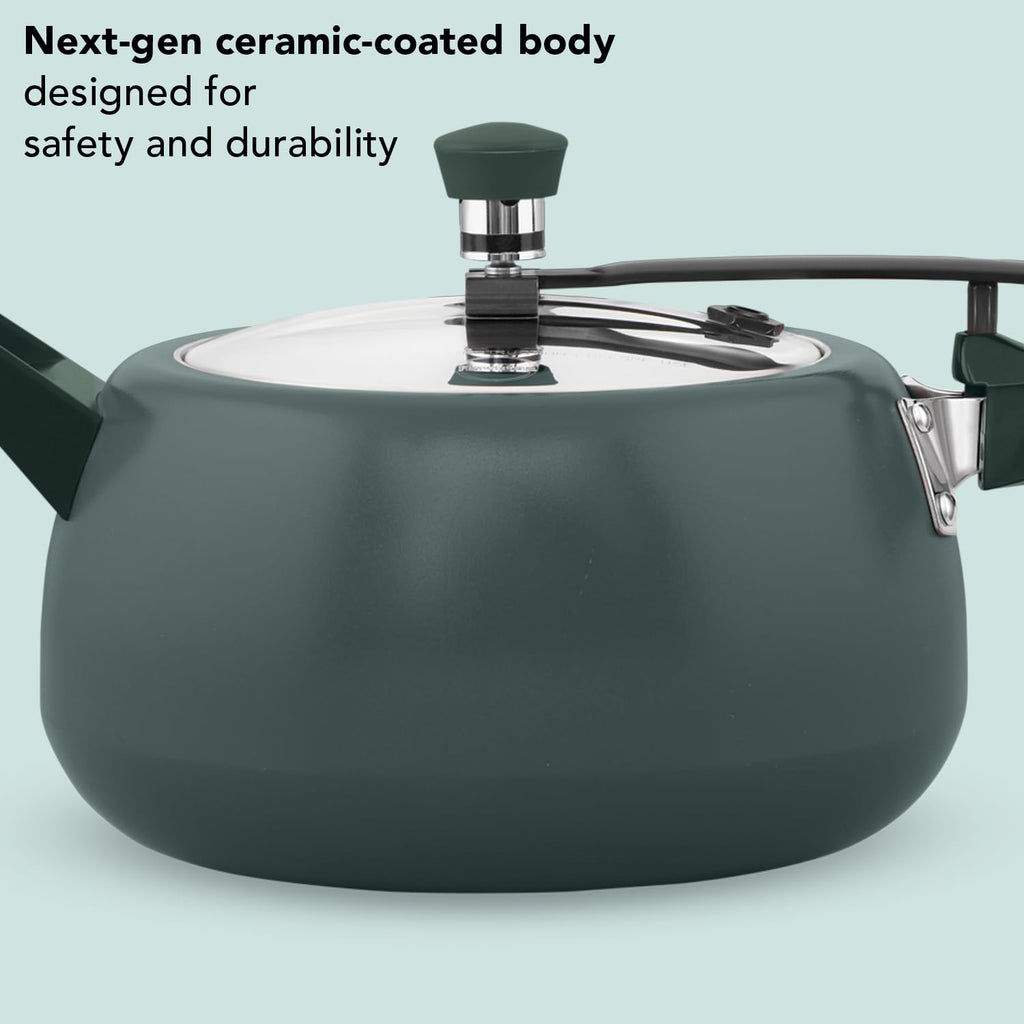 Hawkins 5 Litre Ceramic Coated Cerenity Pressure Cooker | Induction & Gas | for Cooking Rice, Dal & Curries | 5 Year Guarantee, ISI Certified | Olive Green (ICG50)
