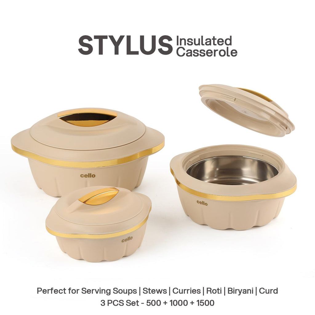 CELLO Stylus Insulated Casserole Hot Pot Box Set of 3 Pcs, Beige (500ml, 1000ml, 1500ml) |