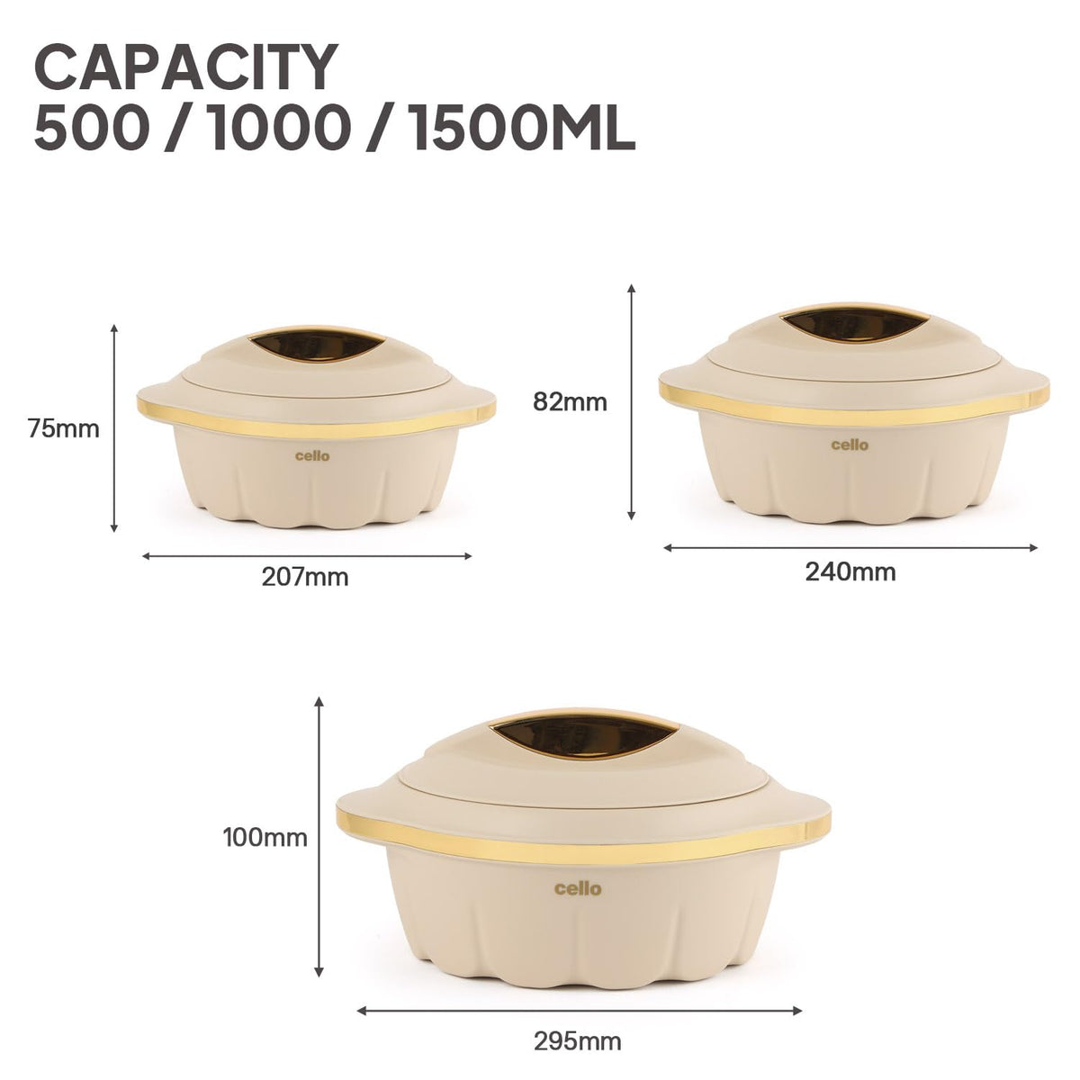 CELLO Stylus Insulated Casserole Hot Pot Box Set of 3 Pcs, Beige (500ml, 1000ml, 1500ml) |