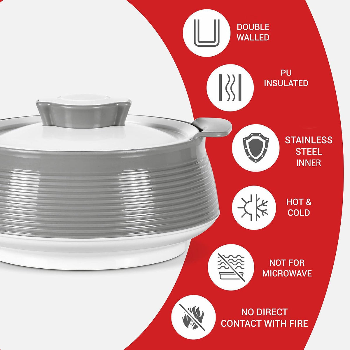 MILTON Venice 1000 Insulated Casserole, 850 ml, Grey | Douuble Walled | Hot & Cold