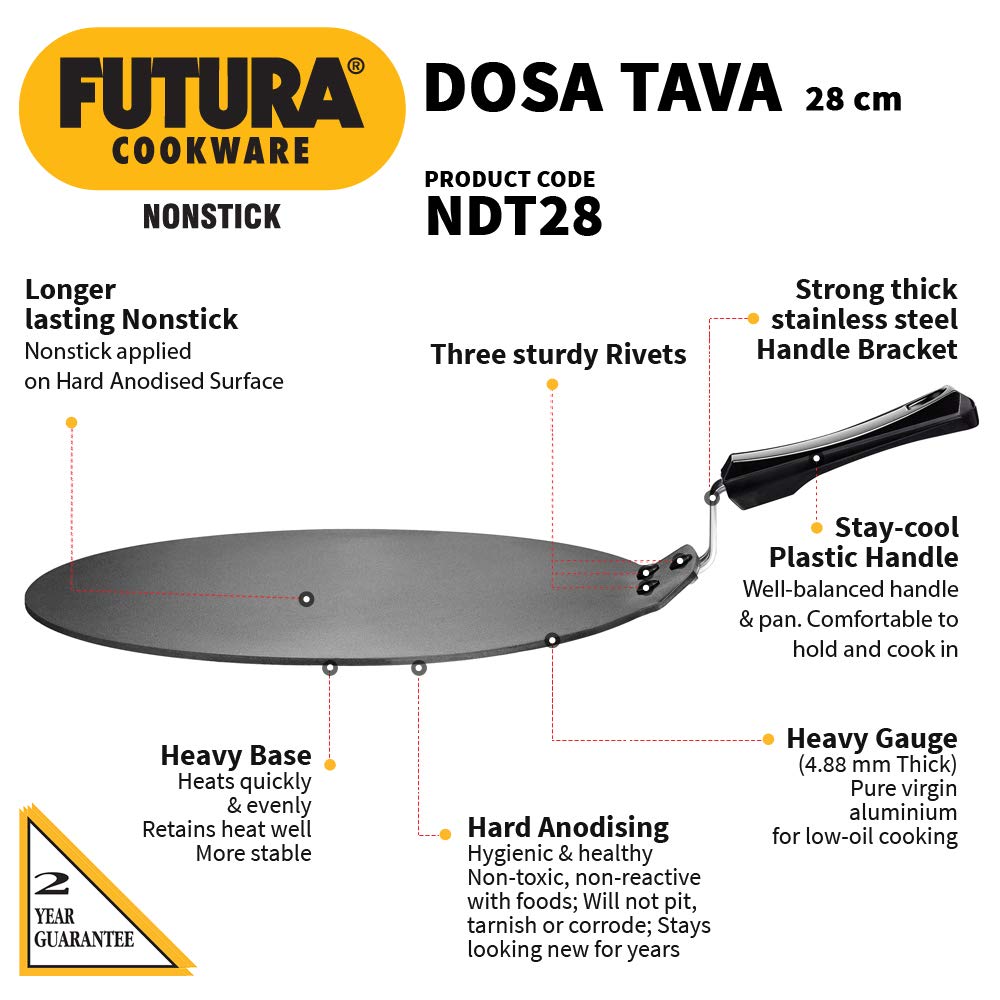 Hawkins Futura 28 cm Dosa Tava, Non Stick Dosa Tawa, Small Dosa Tawa (NDT28) (Black)