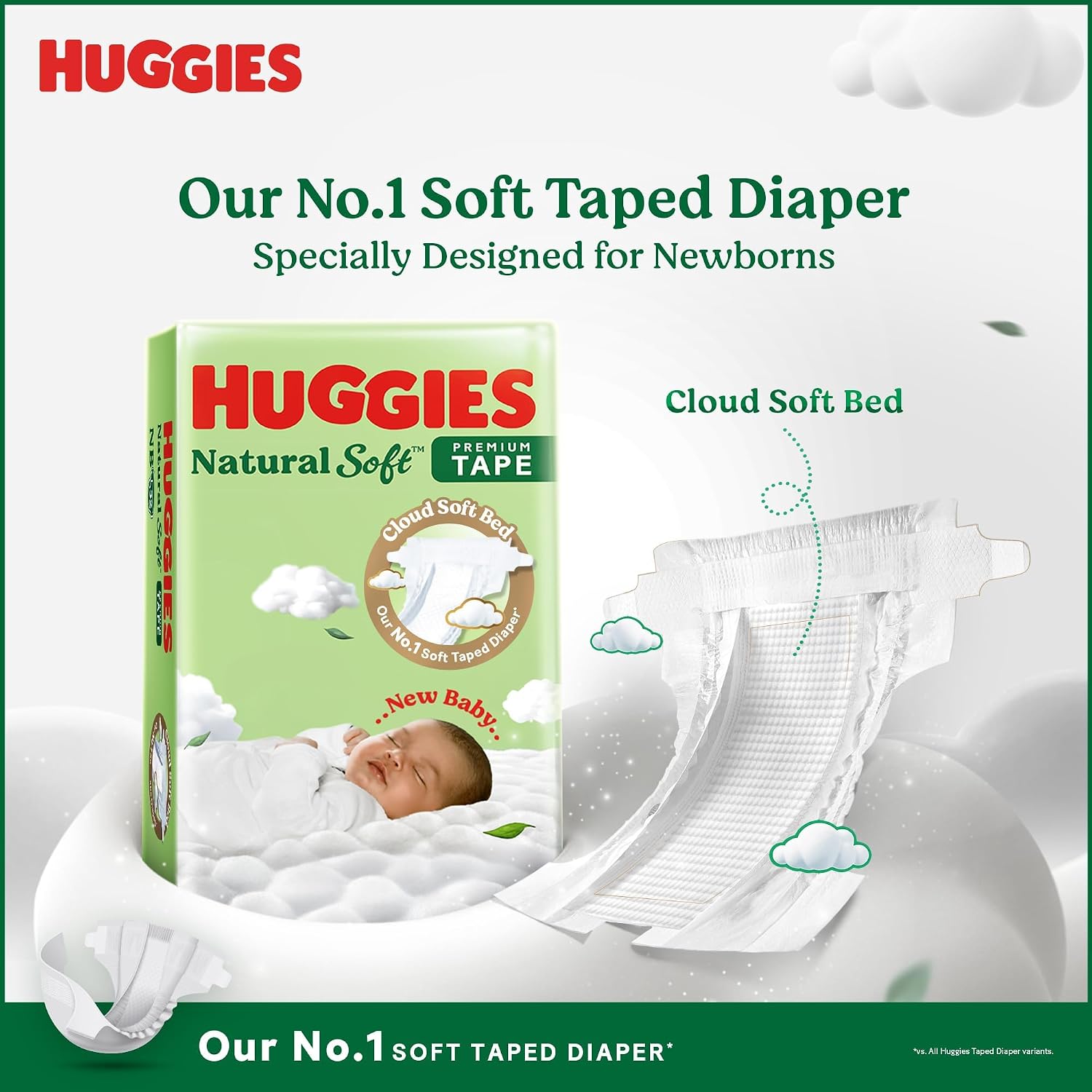 Huggies Natural Soft Premium Tape Diapers Newborn/Extra Small (NB/XS) Size, Upto 5 kgs, 64 Count | Our No.1 Soft Taped Diaper with Cloud Soft Bed, designed for Newborns with Runny Poo Absorption