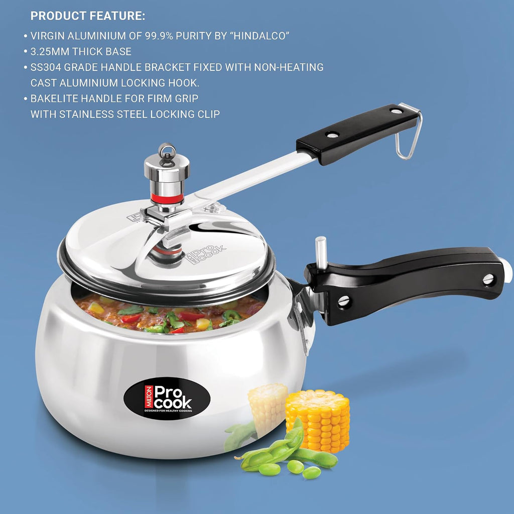 Milton Pro Cook Curve 2 Litres Pressure Cooker with Inner Lid, Aluminium, Non Induction Bottom, Handi Cooker, Silver, BIS Certified, 5 Years Warranty