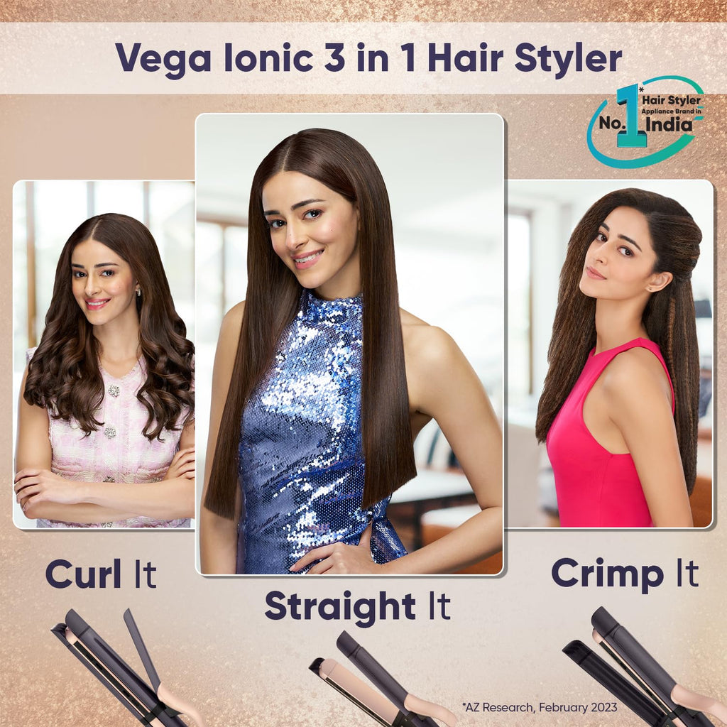 Vega Ionic 3 in 1 Hair Styler for Women with Digital Display 6 Temperature Settings (130–220°C), Hair Straightener, Curler & Crimper with Ionic...