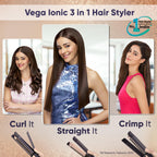 Vega Ionic 3 in 1 Hair Styler for Women with Digital Display 6 Temperature Settings (130–220°C), Hair Straightener, Curler & Crimper with Ionic...