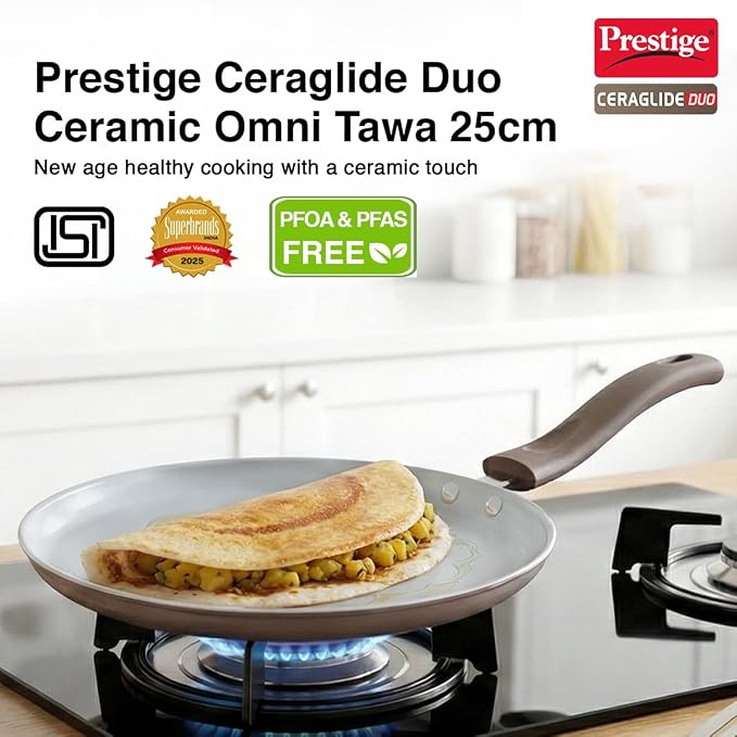 Prestige Ceraglide Duo Omni Tawa 25cm Non-Stick Ceramic Coating|Works On Gas & Induction
