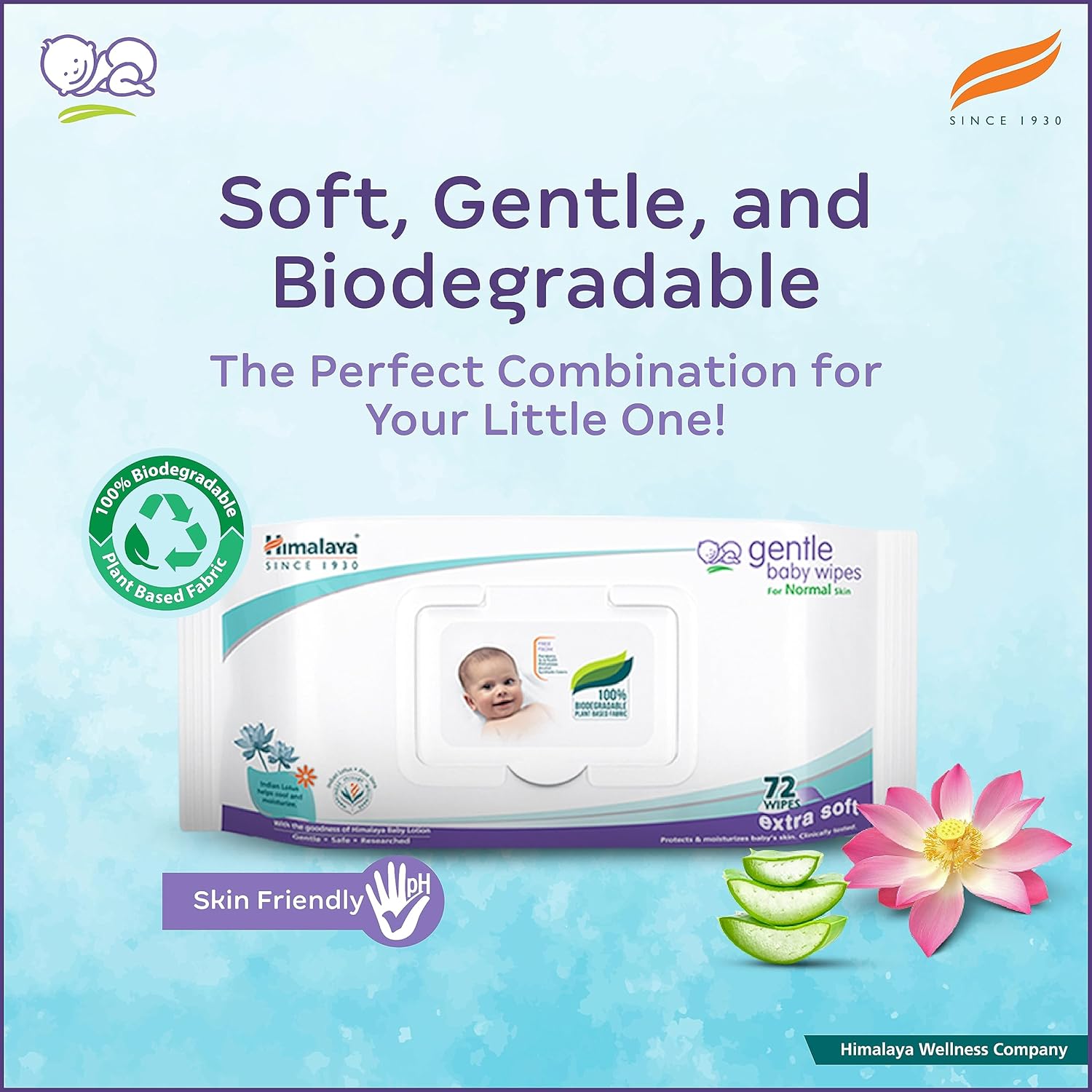 Himalaya Gentle Baby Wipes with Lid (72 x4 packs -288 Wipe) |100% Biodegradable Plant-based fabric | Indian Lotus & Aloe Vera | Skin Friendly PH| Extra Soft