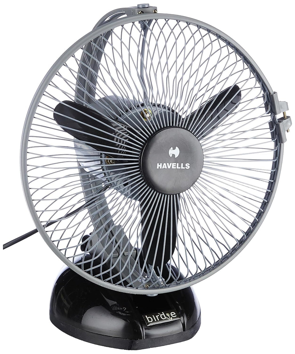 Havells Birdie 230mm Personal Fan | Aerodynamically designed, Blades with aerofoil section for maximum air | Unique rocker design, Multi use for desk & wall, Powerful motor | (Pack of 1, Black Grey)