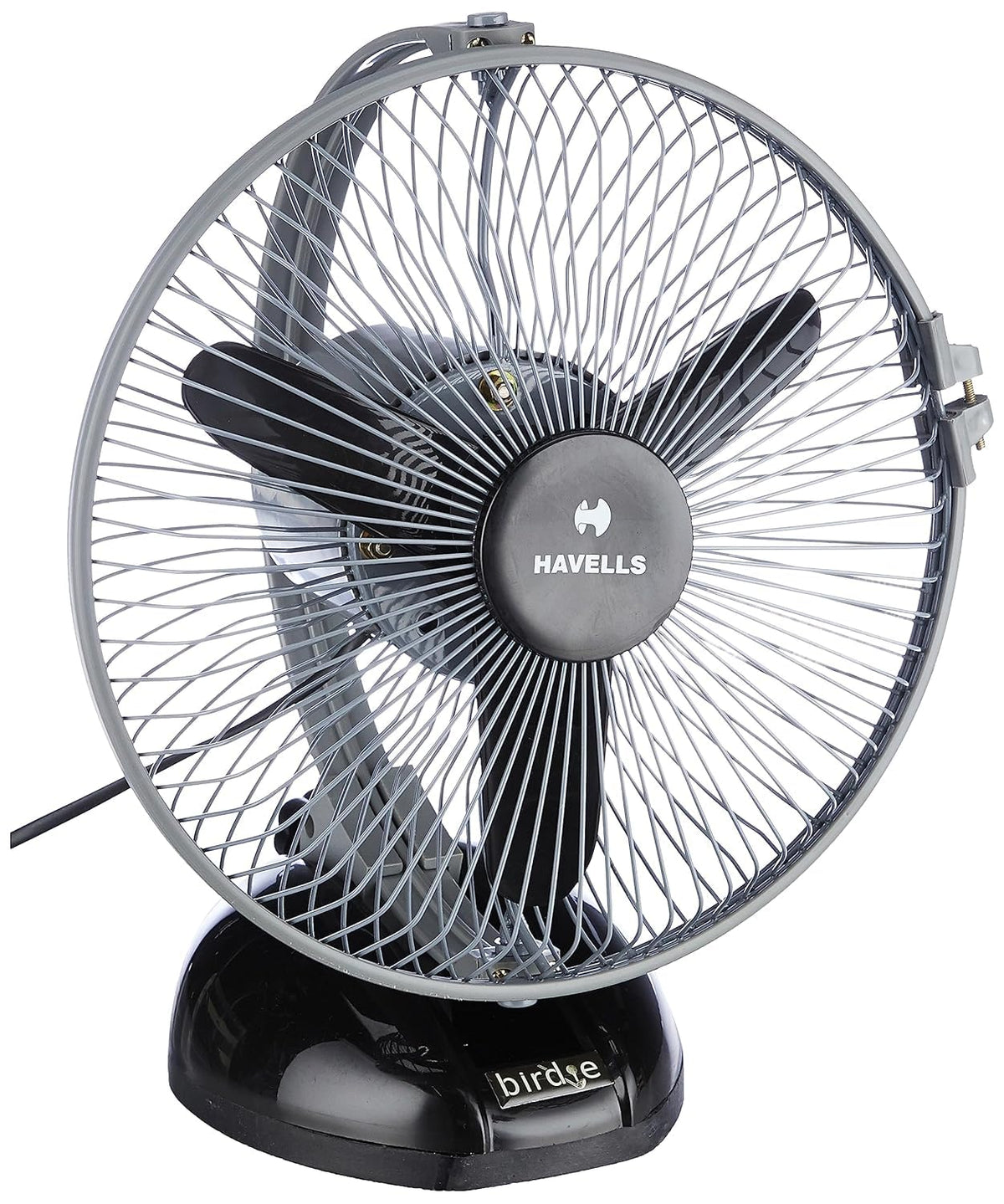 Havells Birdie 230mm Personal Fan | Aerodynamically designed, Blades with aerofoil section for maximum air | Unique rocker design, Multi use for desk & wall, Powerful motor | (Pack of 1, Black Grey)
