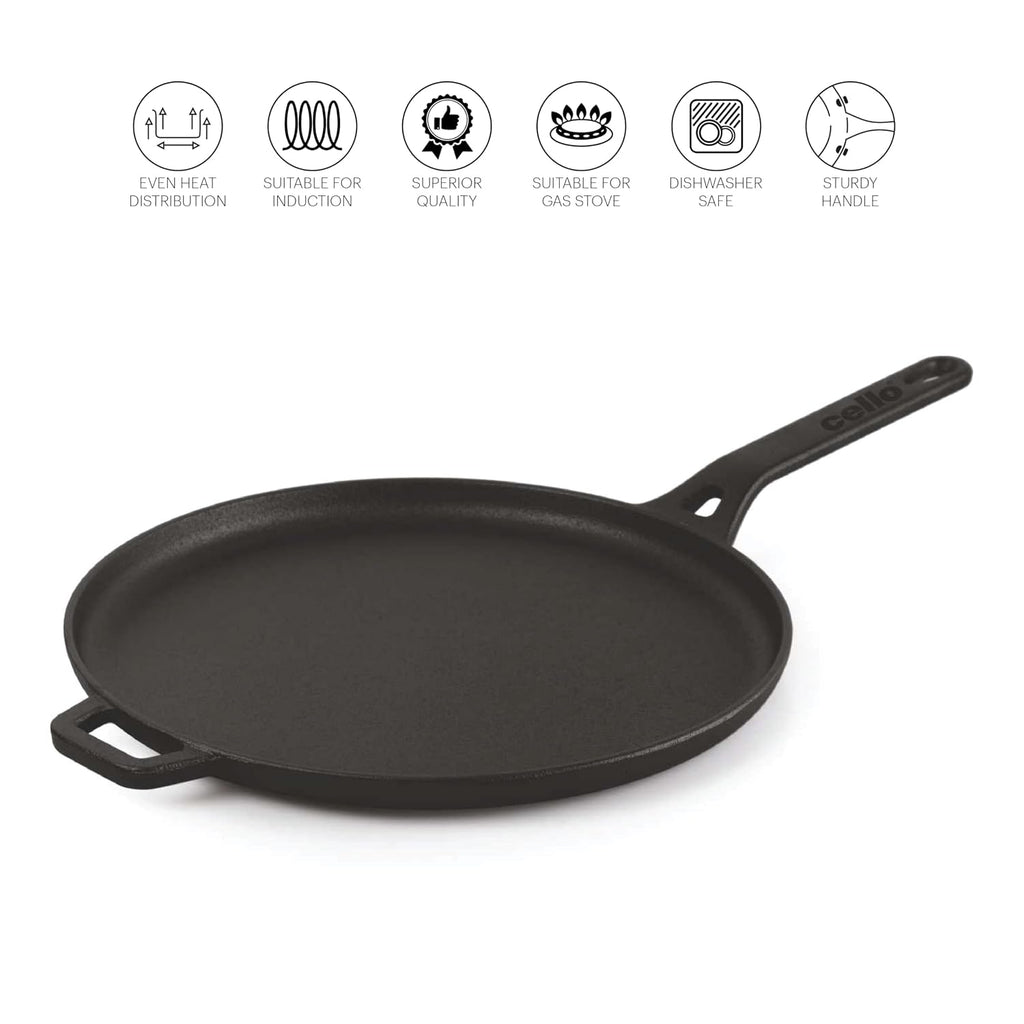 Cello Ironica Pre-Seasoned Cast Iron Dosa Tawa with Handle 28 CM, Black |