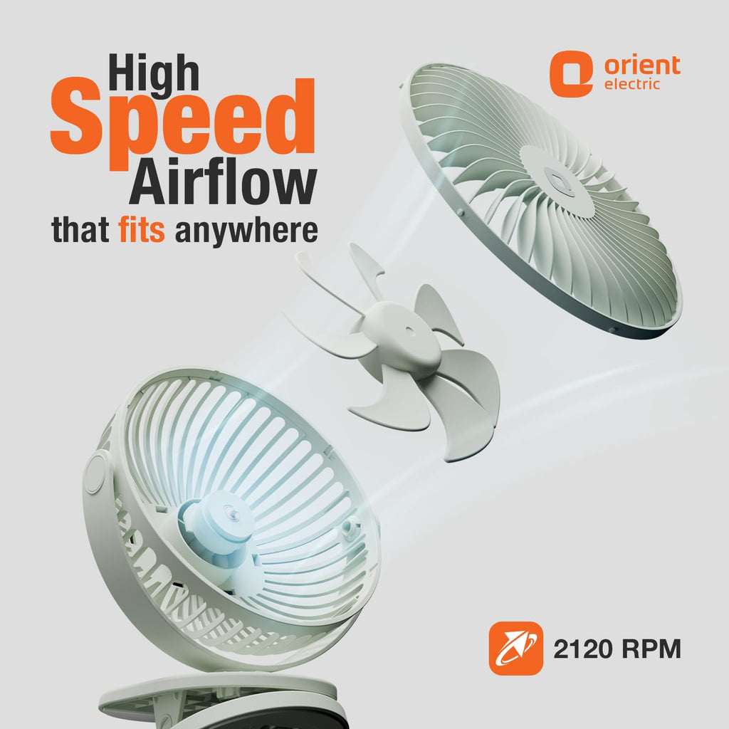 Orient Electric Orbis Rechargeable Personal Fan | 360° Rotation | 1800 mAh Battery | 4 Speed Modes with Timer | Quiet Operation | USB Type-C Charging | Clip-On Mini Fan | Matcha Green