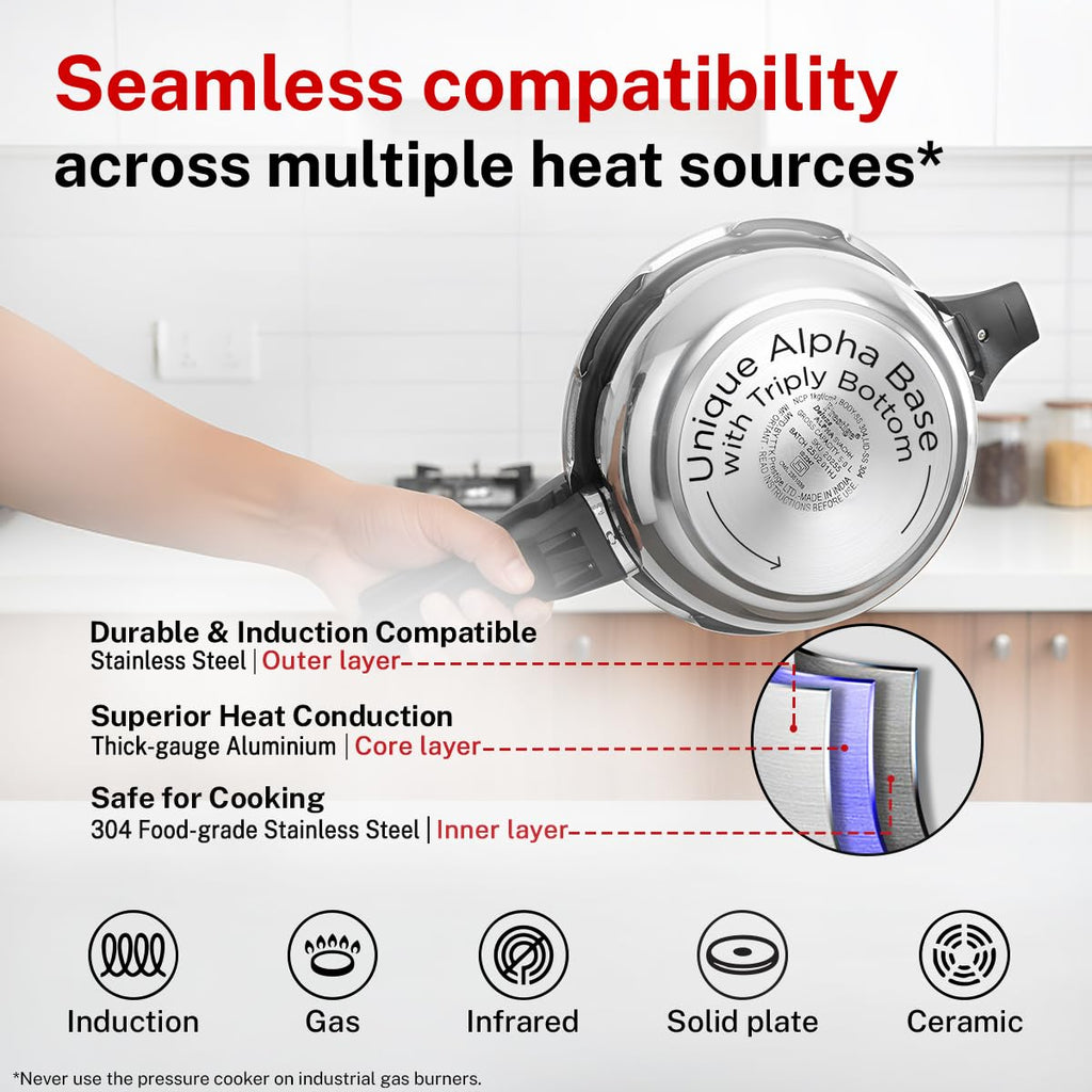 Prestige 5 Litre Stainless Steel Deluxe Alpha Svachh Outer Lid Deep Pressure Pan Cooker | 10Y Warranty | Deep Lid for Spillage Control | TRIPLY Base | GRS | Gas & Induction Compatible | ISI