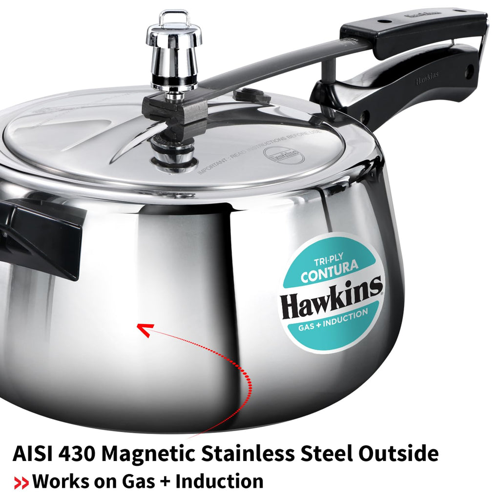 Hawkins 5 Litre Triply Contura Pressure Cooker, Triply Stainless Steel Induction & Contura shaped Cooker, Silver (SSTCO50)