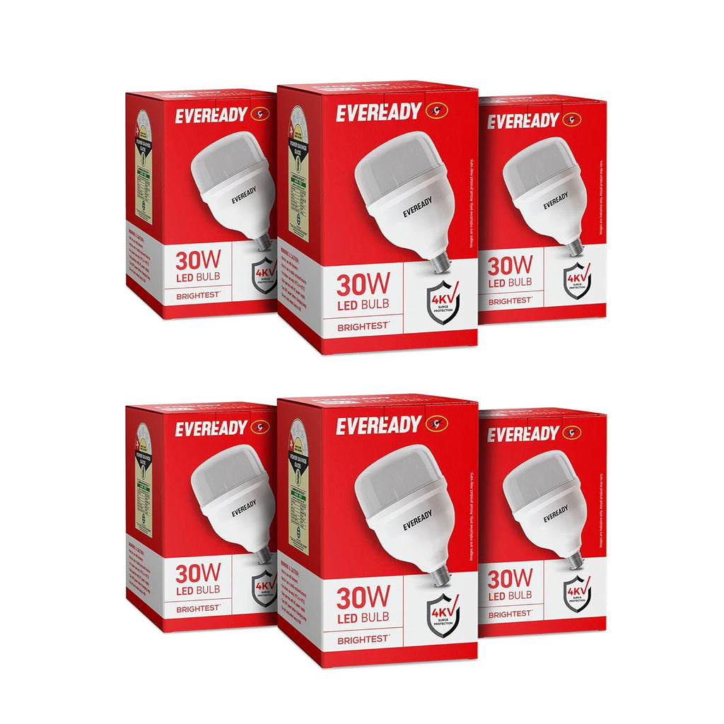 EVEREADY 30W LED Hammer Bulb, B22 Base, Cool Day Light (6500K), Pack of 6 | High Lumens, Energy Efficient, 4KV Surge Protection, Long Lasting