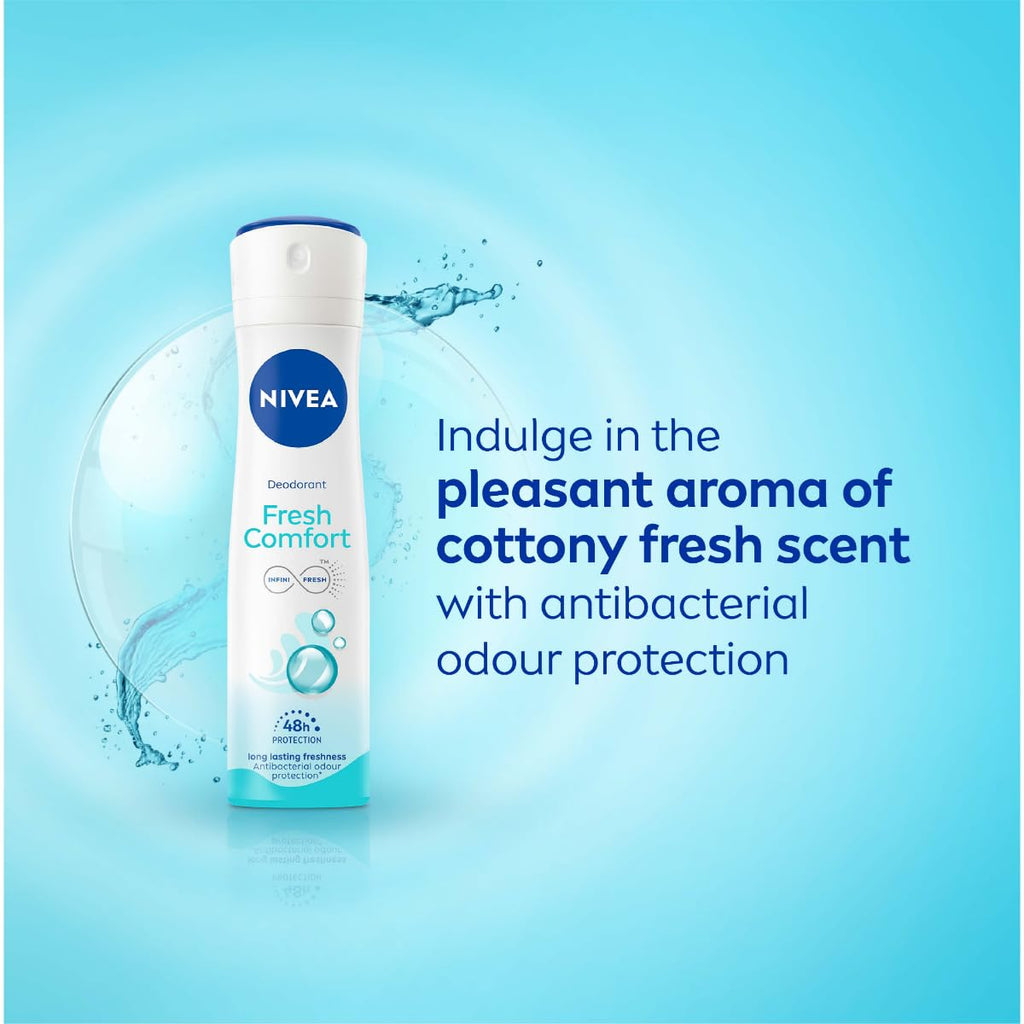 NIVEA Fresh Comfort Deodorant, 150ml | 48 H Smooth & Beautiful Underarms| 0% Alcohol | For Women