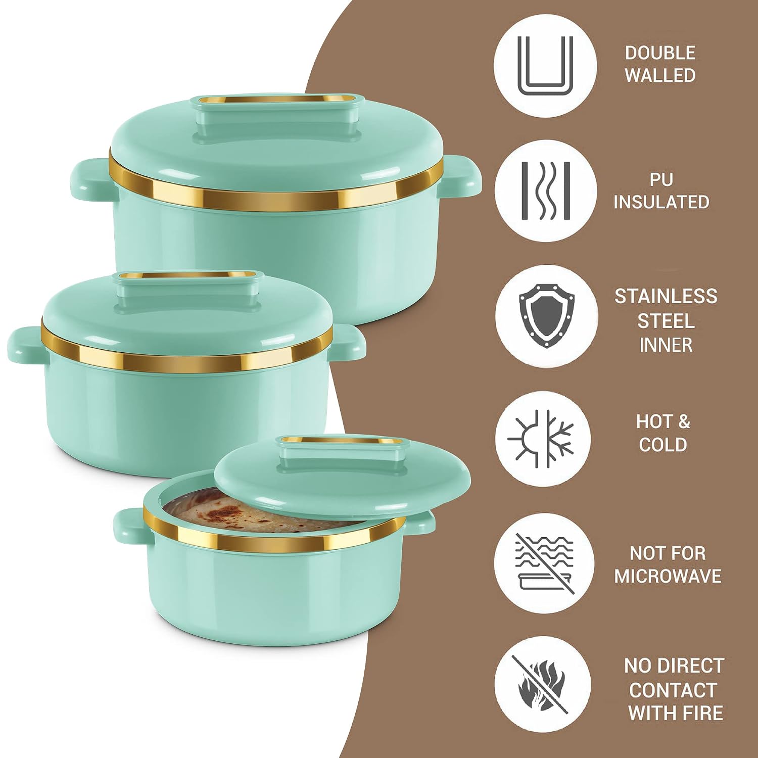 MILTON Curve Inner Stainless Steel Casserole Set of 3 (450 ml, 840 ml, 1300 ml), Light Green |