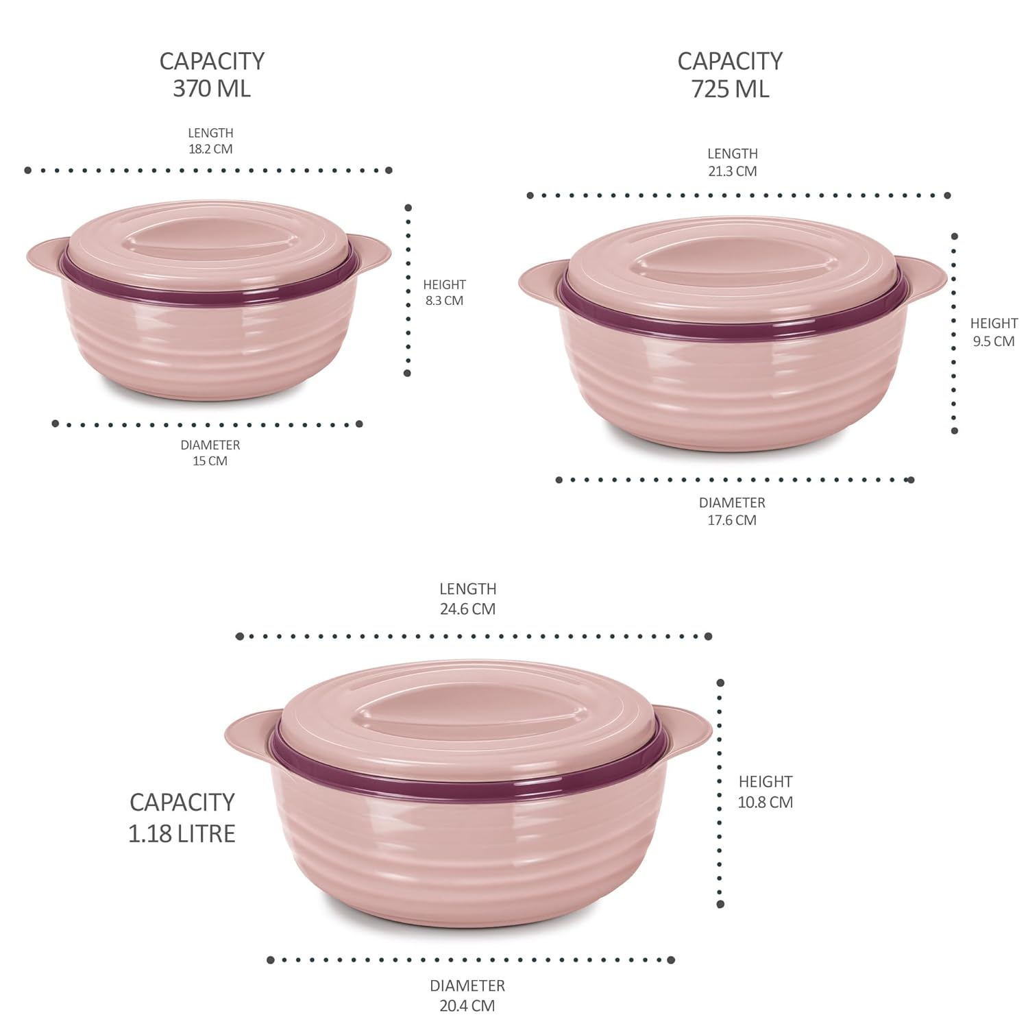 MILTON Aspire Jr. Set of 3 Serving Casserole Double Walled Inner Stainless Steel, (350ml, 720ml,1050 ml)