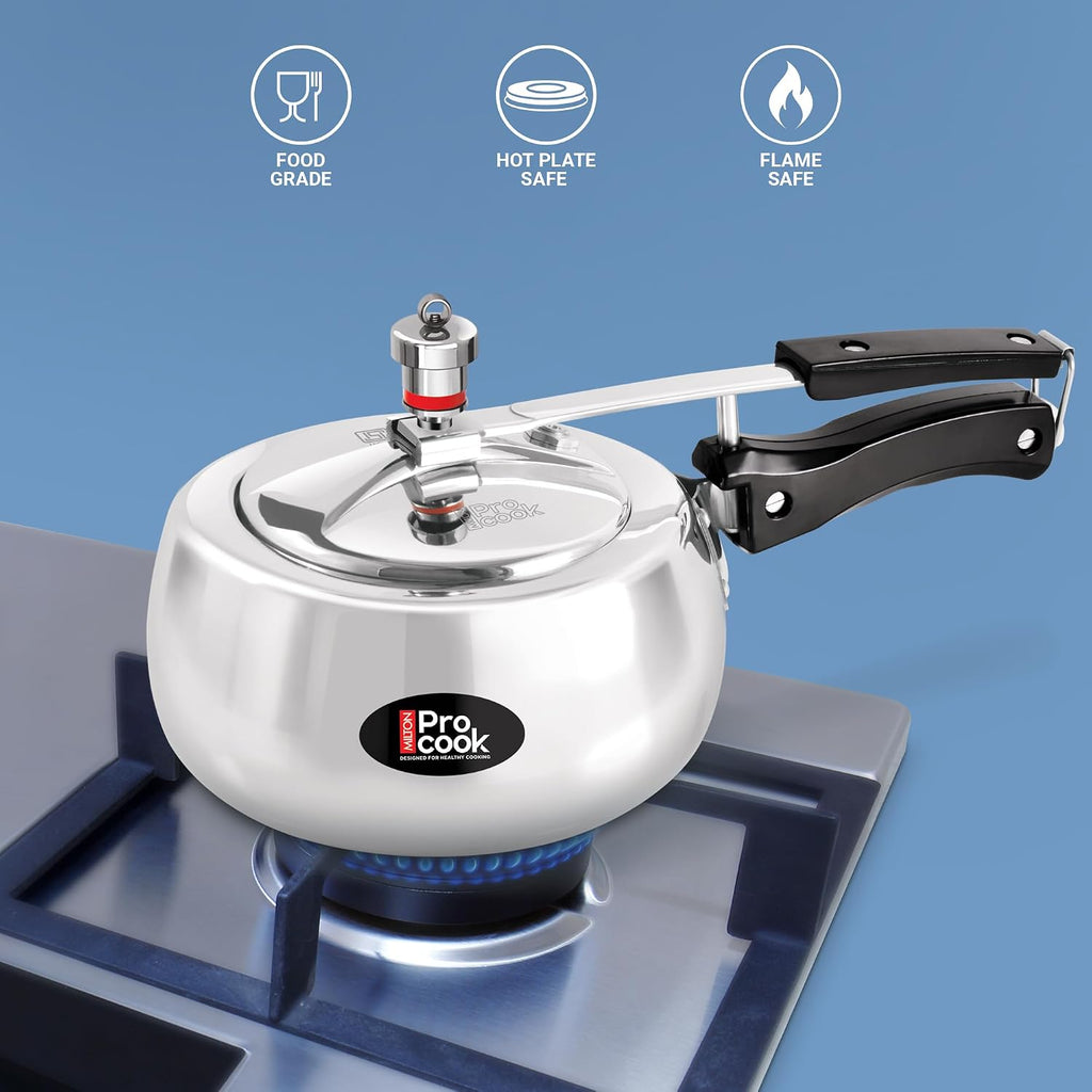 Milton Pro Cook Curve 2 Litres Pressure Cooker with Inner Lid, Aluminium, Non Induction Bottom, Handi Cooker, Silver, BIS Certified, 5 Years Warranty