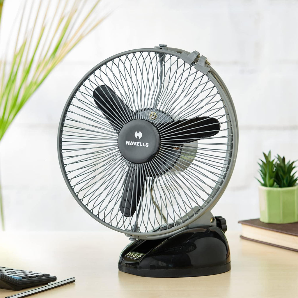 Havells Birdie 230mm Personal Fan | Aerodynamically designed, Blades with aerofoil section for maximum air | Unique rocker design, Multi use for desk & wall, Powerful motor | (Pack of 1, Black Grey)