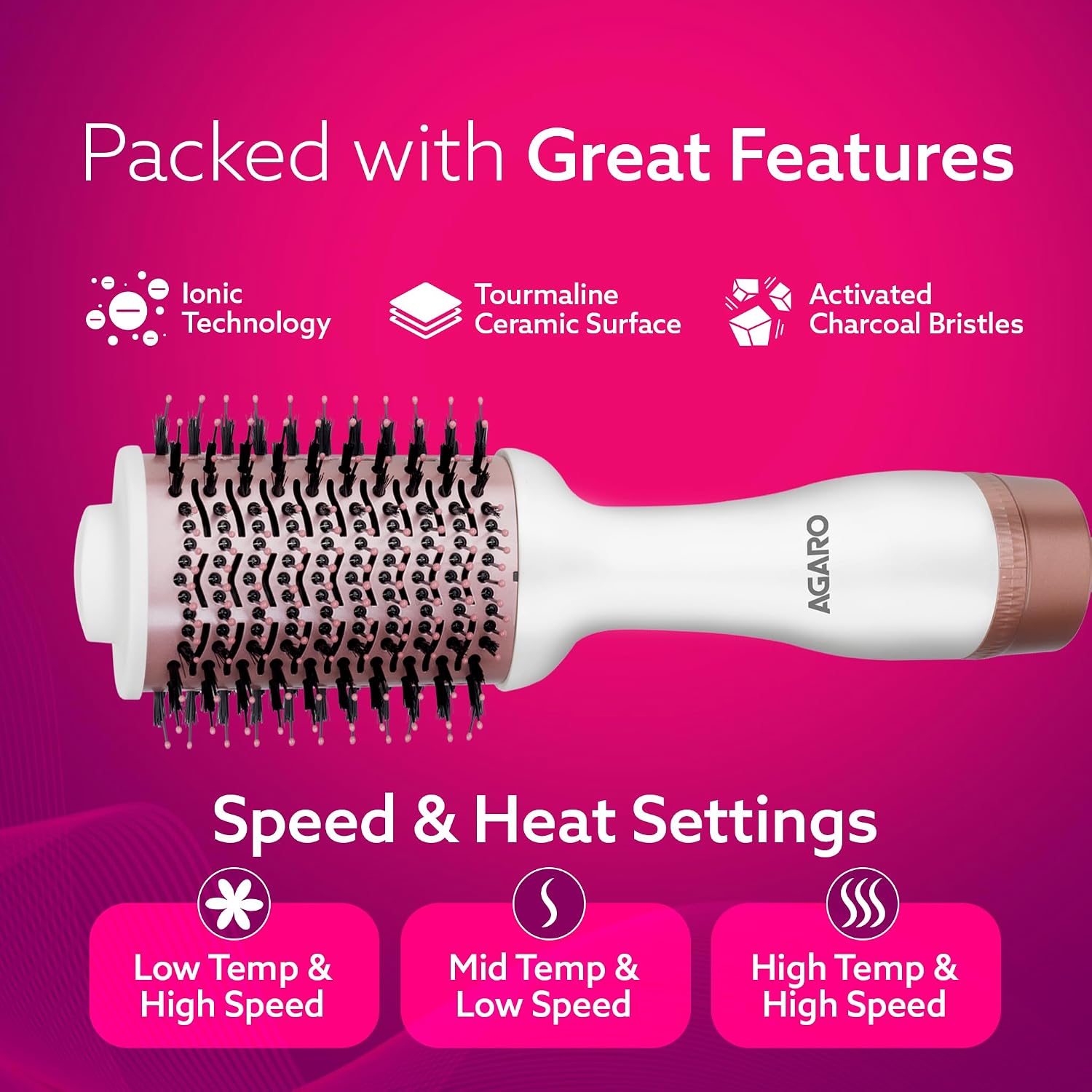AGARO Hot Air Brush for Hair, Blow Dryer Brush, Volumizer & Styler, 360° Airflow Vent, Oval Barrel for Hair Volume, Charcoal Bristles, Ceramic...
