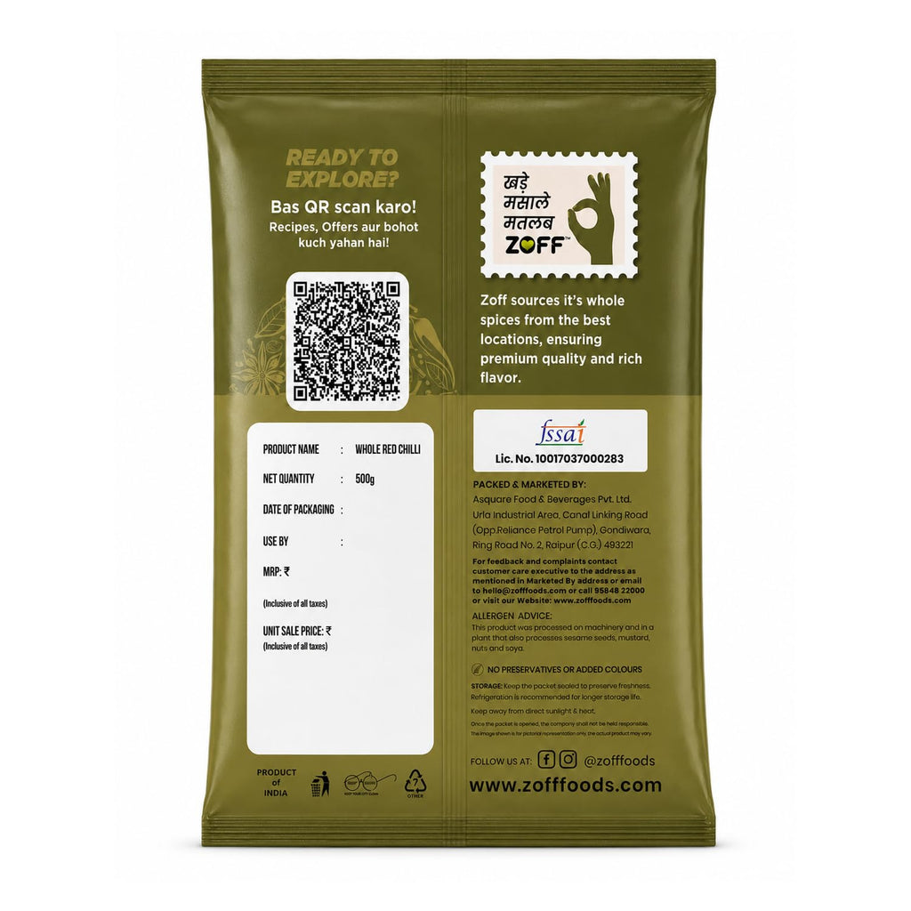 Zoff Red Chilly Whole - Sukhi Lal Mirch Whole - Natural & Hand-Picked - Net Weight – 500g