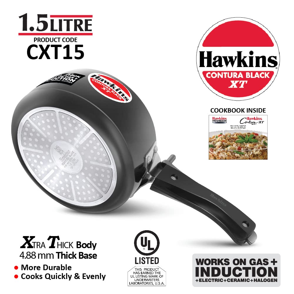 Hawkins 1.5 Litre Contura Black XT Pressure Cooker, Small Induction Cooker, Extra Thick Handi Cooker, Black (CXT15)