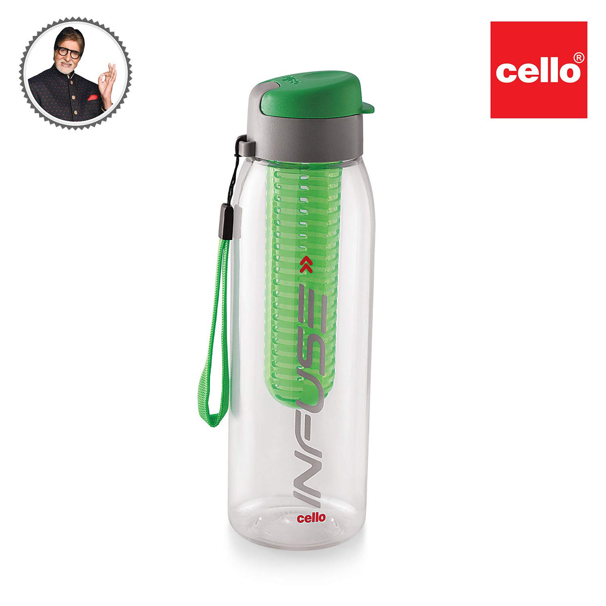CELLO Fruit Infuser Water Bottle 800ml, Green | Wide Sealed Flip-Top Cap, Leak-Proof & Durable | Airtight, Reusable | Detox Infuser Bottle for Fridge, Gym, Office, Travel, Kitchen & Trekking