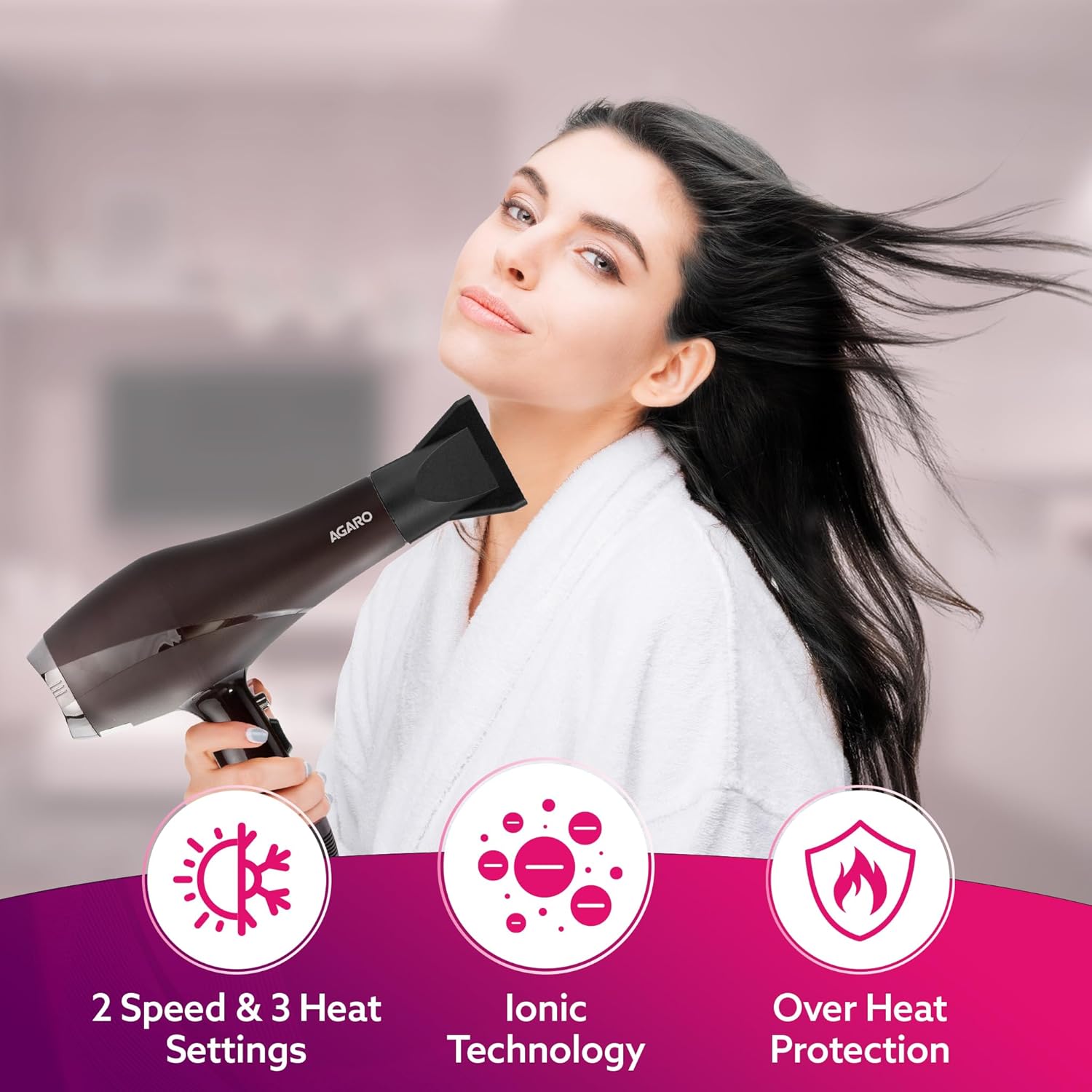 AGARO 2000W AC Professional Hair Dryer with Comb, Concentrator & Diffuser Nozzles, Hot & Cold Air, 16A Plug, 2 Speed & 3 Temperature Settings, Cool Shot, Hair Dryer & Blower for Men & Women HD-1120